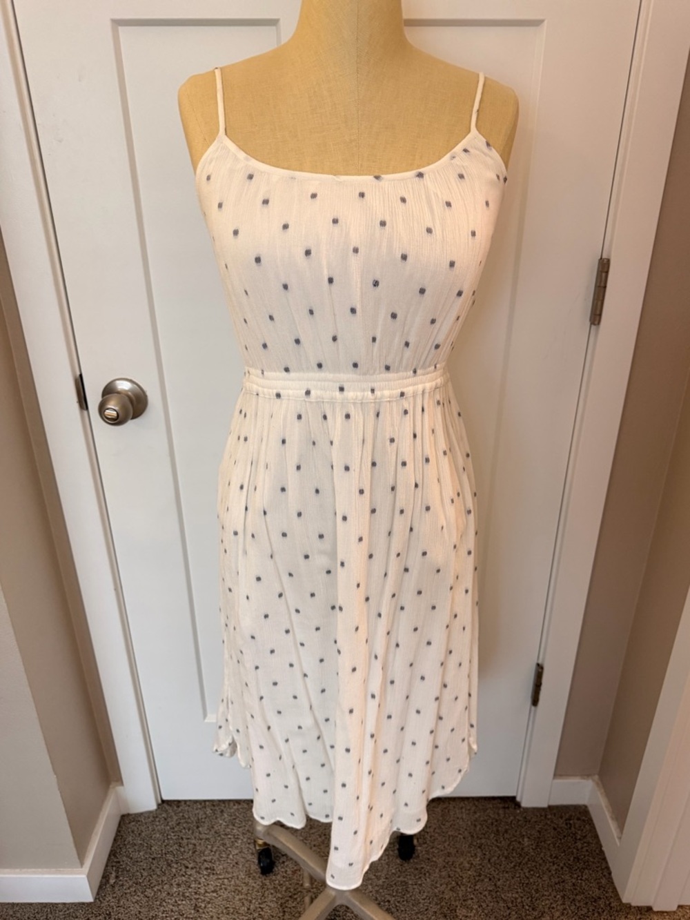 LOFT White Midi Dress with Navy Polka Dots